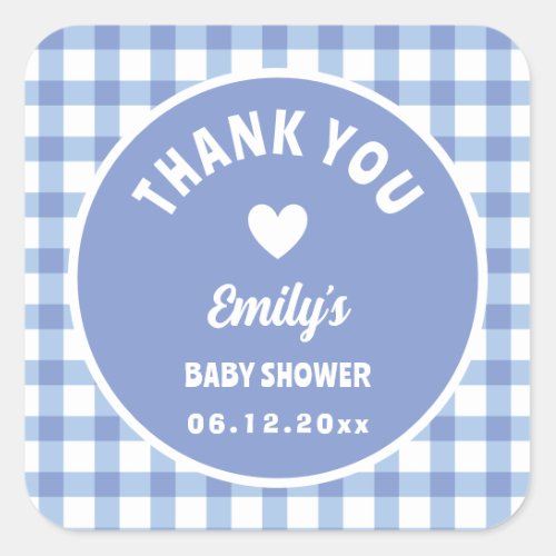 Modern Simple Blue Gingham Baby Shower Thank You Square Sticker