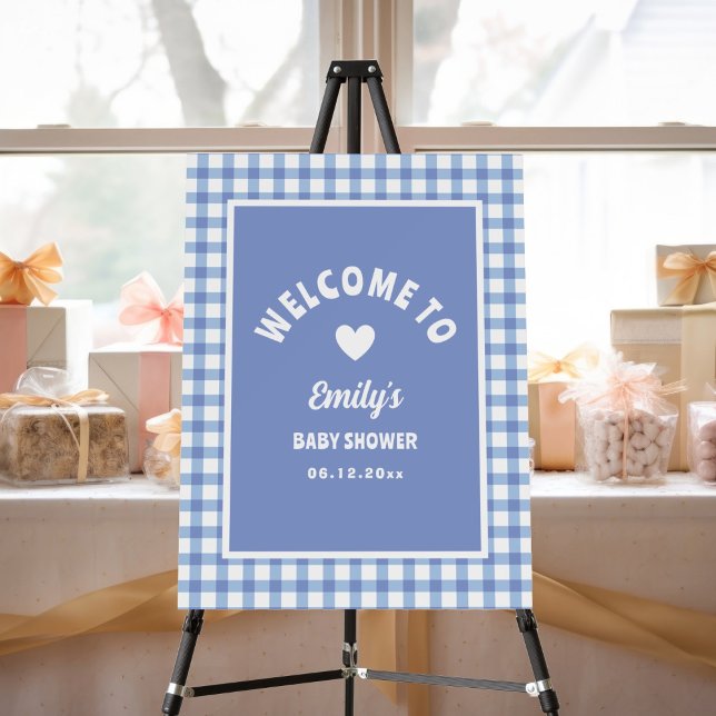 Modern Simple Blue Gingham Boy Baby Shower Welcome Foam Board (Creator Uploaded)
