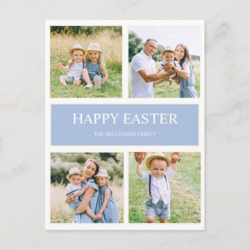 Modern Simple Blue Happy Easter 4 Family Photo    Postcard