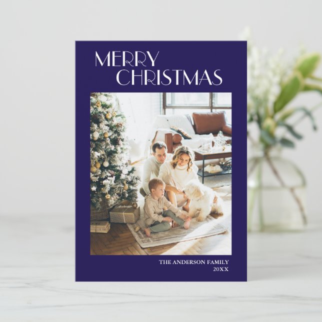 Modern Simple Blue Merry Christmas Photo Holiday Card (Standing Front)