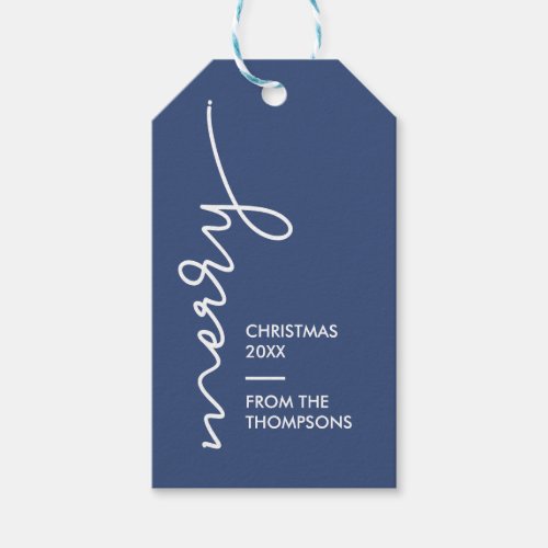 Modern Simple Blue  Merry Christmas Script Gift Tags