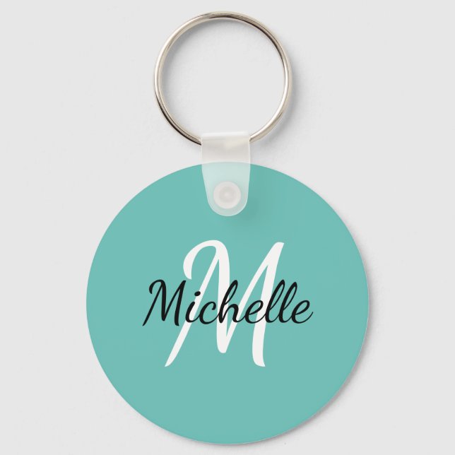 Modern Simple Blue Monogram Name + Initial Keychain (Front)