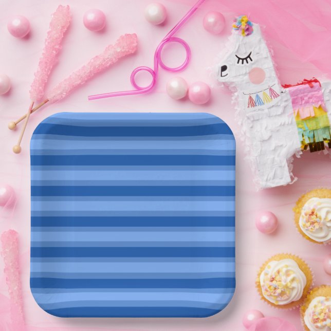 Modern Simple blue Navy Two Tone Stripe name Paper Plates (Party)