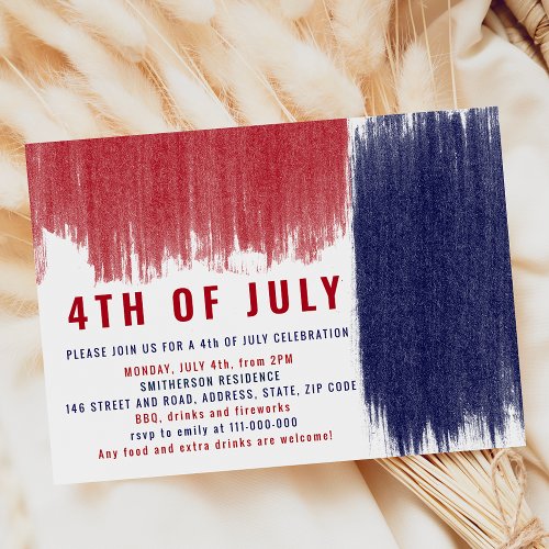 Modern simple blue red brushstrokes 4th of July Invitation