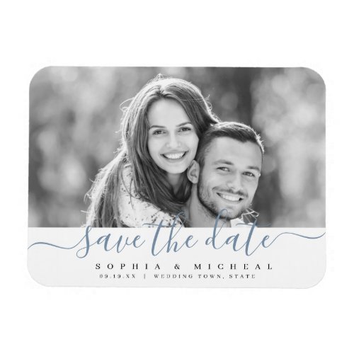 Modern simple blue script photo save the date magnet