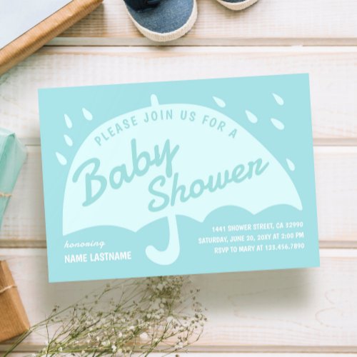 Modern Simple Blue Umbrella Rain Baby Shower Invitation