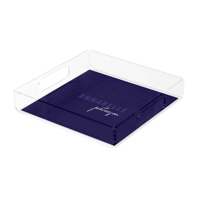 Modern Simple Blue & White Minimal Script Acrylic Tray (Angled)