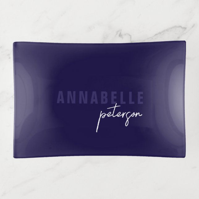 Modern Simple Blue & White Minimal Script Trinket Tray (Front)