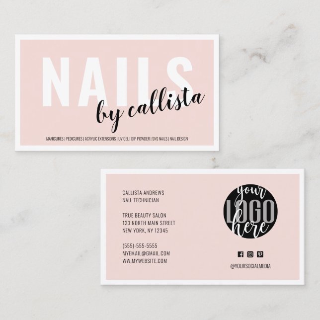 Modern Simple Blush Pink Border Logo Nail Tech Business Card (Front/Back)