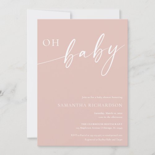 Modern simple blush pink Oh Baby girl baby shower Invitation