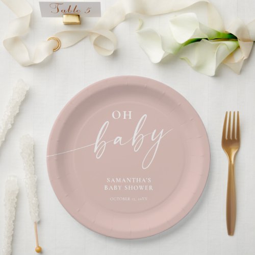 Modern simple blush pink Oh Baby girl baby shower Paper Plates