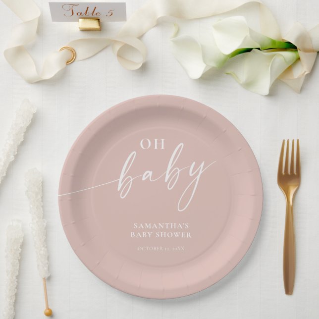Modern simple blush pink Oh Baby girl baby shower Paper Plates (Wedding)