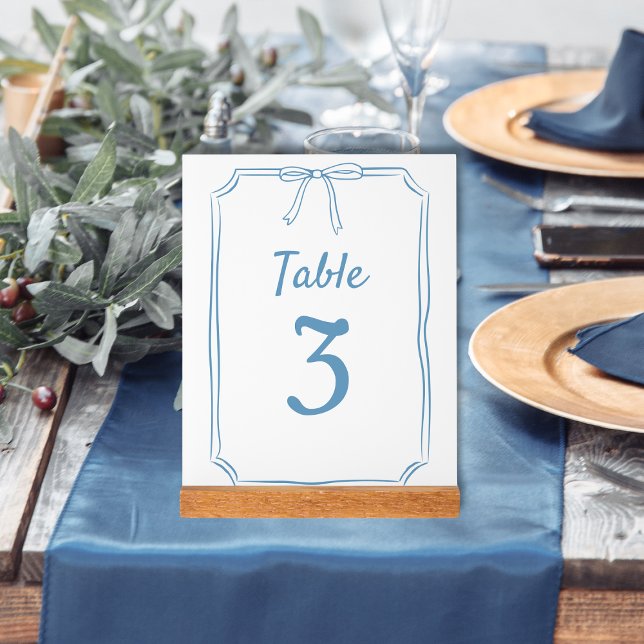 Modern Simple  Bow Wedding Dusty Blue Table Number Acrylic Sign (Creator Uploaded)