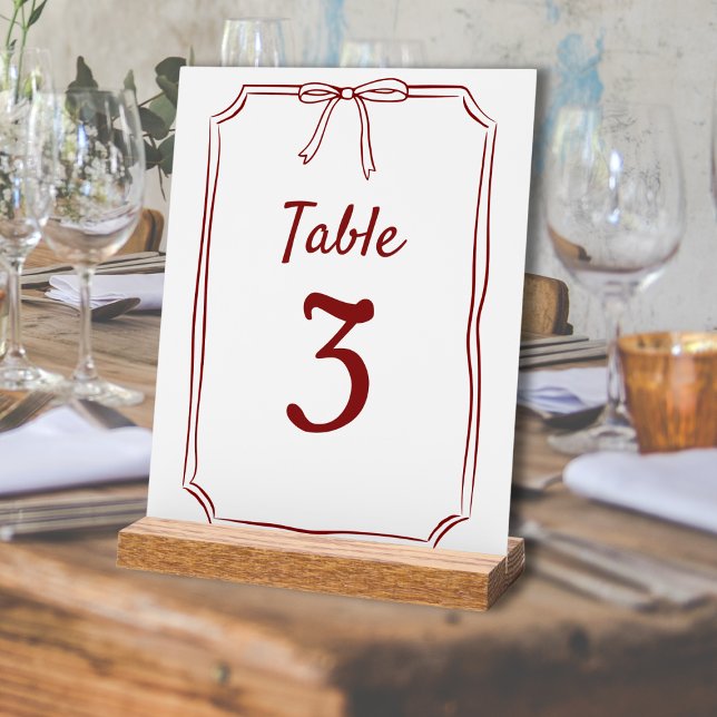 Modern Simple Bow Wedding Maroon Table Number Acrylic Sign (Creator Uploaded)