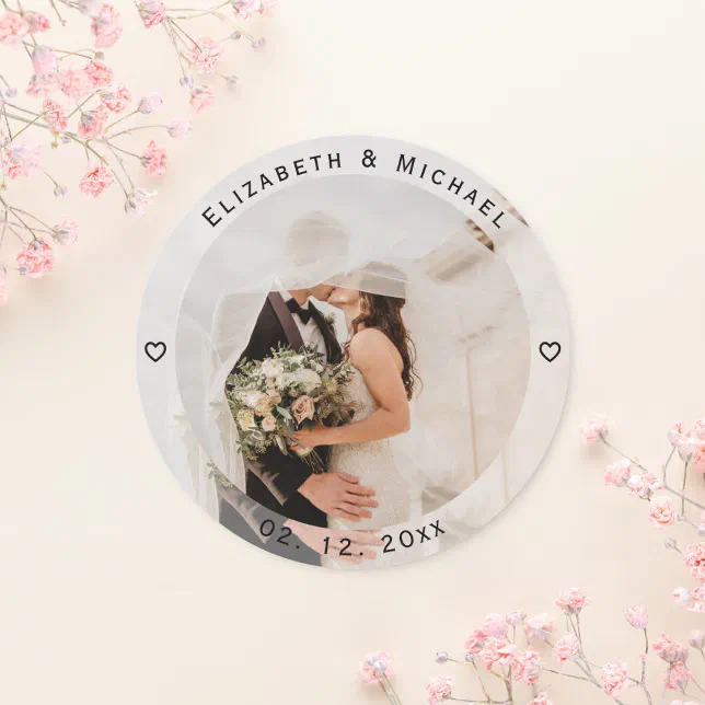 Bride Round Sticker Modern Simple Bride and Groom Photo Wedding Favor Classic Round Sticker ...