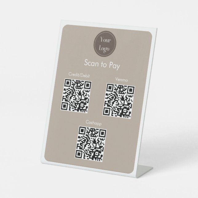 Modern Simple Brown Cream Scan to pay QR Codes Pedestal Sign (Front)