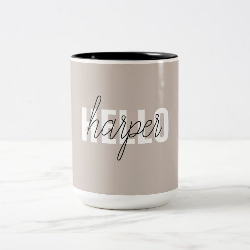 Modern Simple Brown Hello And You Name Two_Tone Coffee Mug