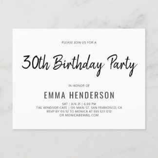 Modern Simple Brush 30th Birthday Party Invitation Postcard