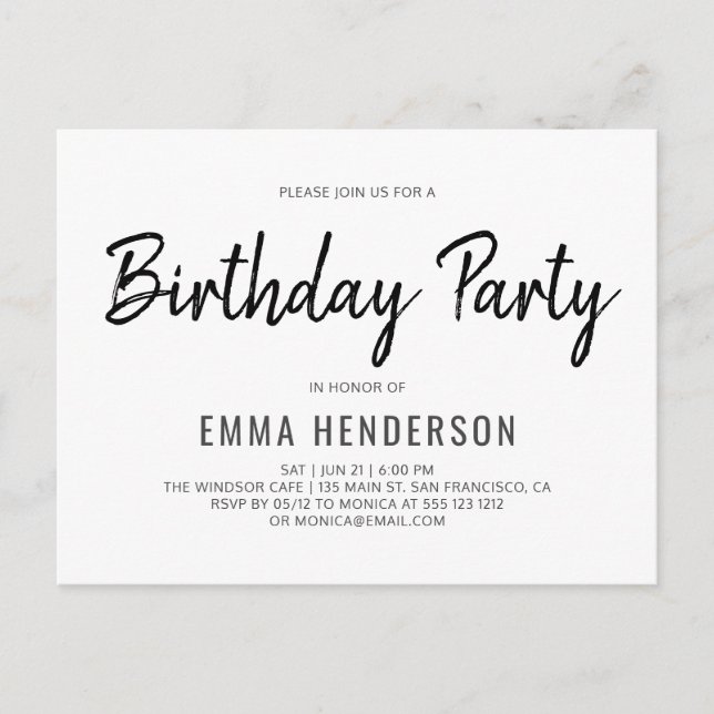 Modern Simple Brush Birthday Party Invitation Postcard (Front)