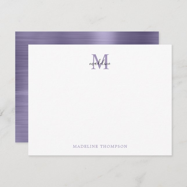 Modern Simple Brushed Metal Purple Monogram Note Card (Front/Back)