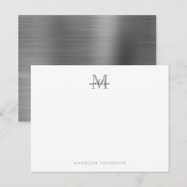 Modern Simple Brushed Metal Silver Gray Monogram Note Card (Front/Back)
