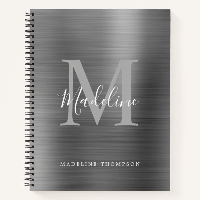 Modern Simple Brushed Metal Silver Gray Monogram Notebook (Front)