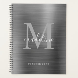 Modern Simple Brushed Metal Silver Gray Monogram Planner