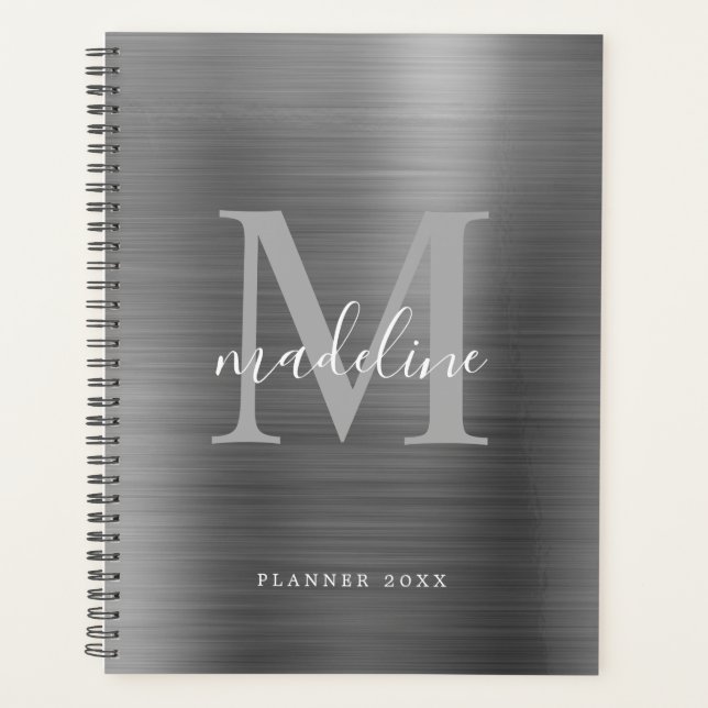 Modern Simple Brushed Metal Silver Gray Monogram Planner (Front)