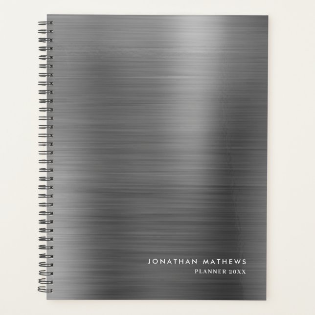 Modern Simple Brushed Metal Silver Gray Planner (Front)
