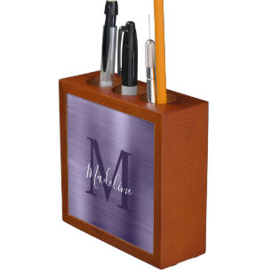 Modern Simple Brushed Metallic Purple Monogram Desk Organizer