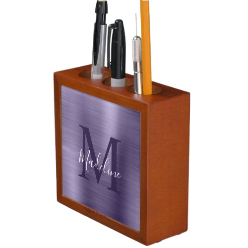 Modern Simple Brushed Metallic Purple Monogram Desk Organizer