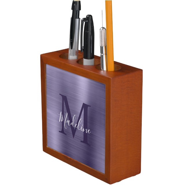 Modern Simple Brushed Metallic Purple Monogram Desk Organizer (In Situ)