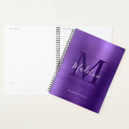 Modern Simple Brushed Metallic Purple Monogram Pla Planner | Zazzle
