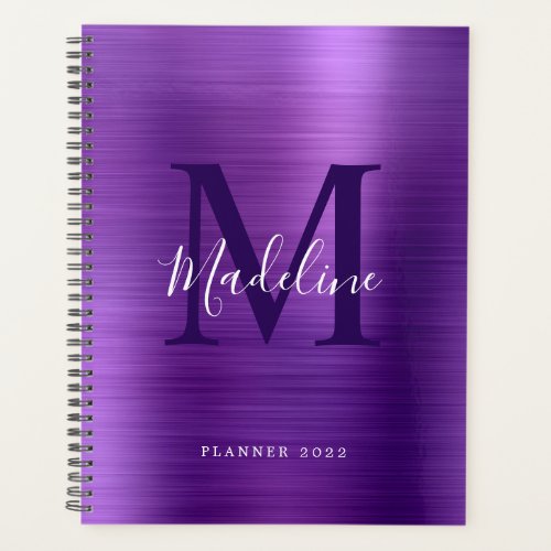 Modern Simple Brushed Metallic Purple Monogram Pla Planner
