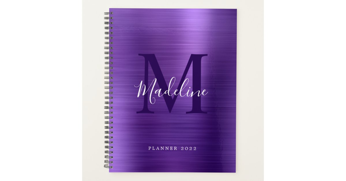 Modern Simple Brushed Metallic Purple Monogram Pla Planner | Zazzle
