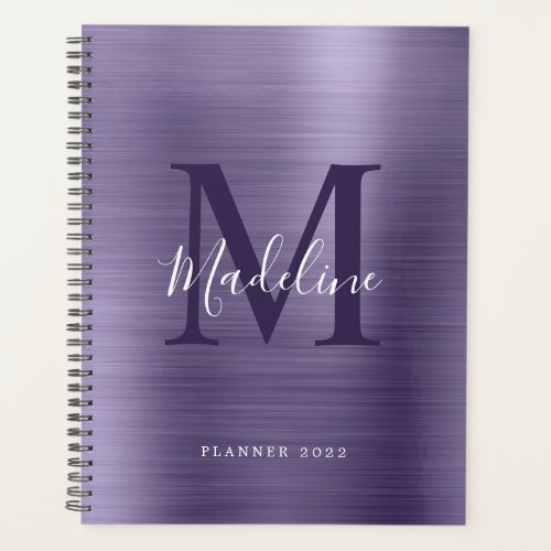 Modern Simple Brushed Metallic Purple Monogram Planner