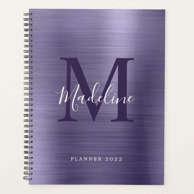 Modern Simple Brushed Metallic Purple Monogram Planner (Front)