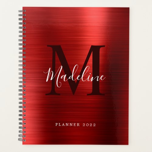 Modern Simple Brushed Metallic Red Monogram Planner