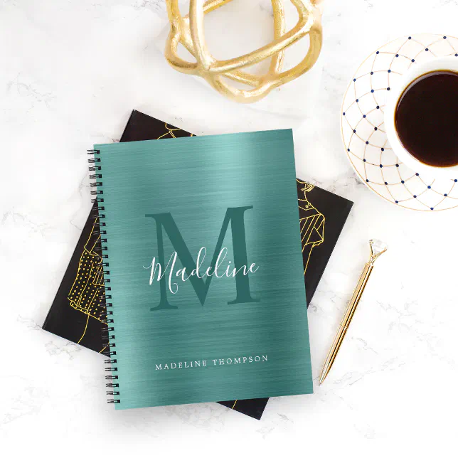 Modern Simple Brushed Metallic Teal Monogram Notebook | Zazzle