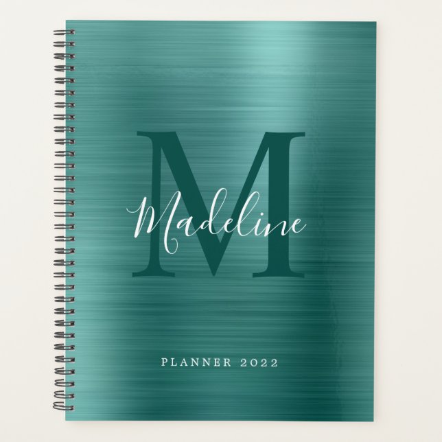 Modern Simple Brushed Metallic Teal Monogram Planner (Front)