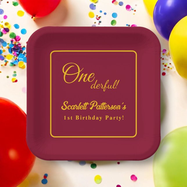 Modern Simple Burgundy And Gold Chic 1st Birthday Paper Plates (Creator Uploaded)