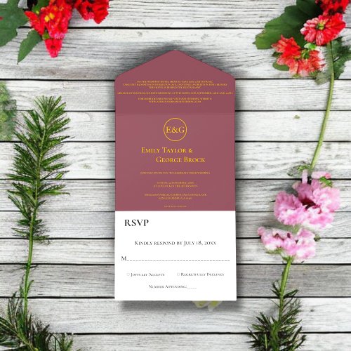 Modern Simple Burgundy Gold Monogram Chic Wedding All In One Invitation