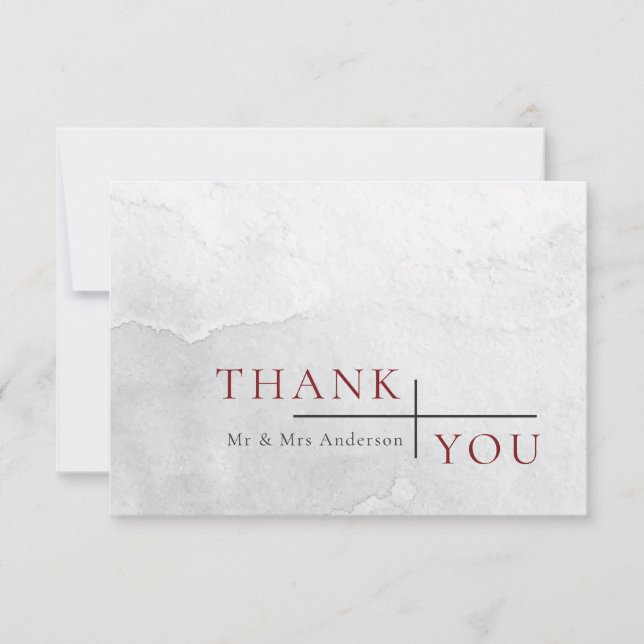 Modern Simple Burgundy Gray Watercolor Wedding Thank You Card (Front)
