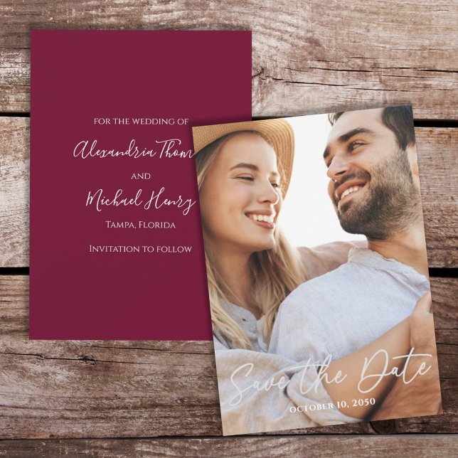 Modern Simple Burgundy Photo Calligraphy Script Save The Date (Creator Uploaded)
