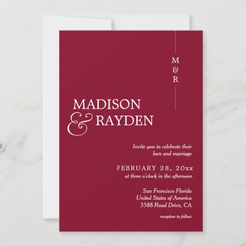 Modern Simple Burgundy Red Monogram Photo Wedding Invitation