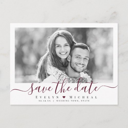 Modern simple burgundy script photo save the date postcard