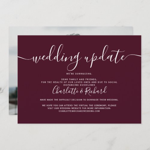 Modern simple  burgundy wedding downsizing photo announcement