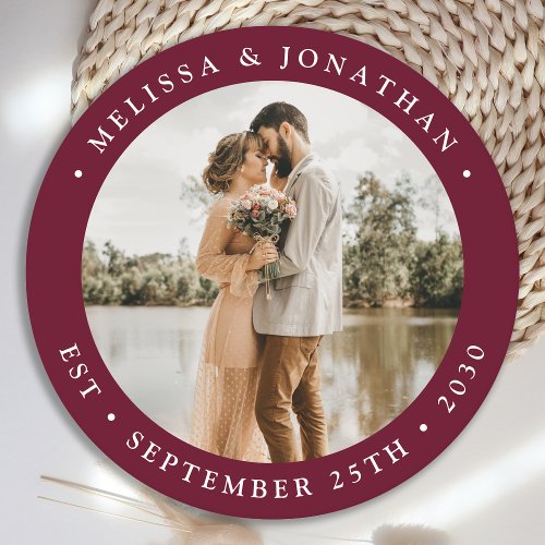 Modern Simple Burgundy Wine Photo Wedding Round Paper Coaster