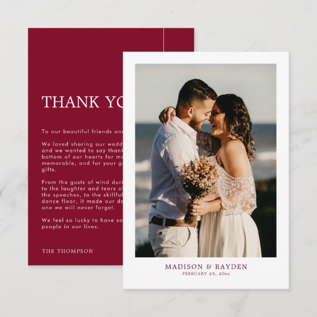 Modern Simple Burgundy with Photo Wedding Thank You Card (Front/Back)