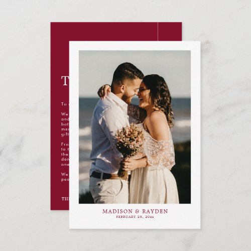 Modern Simple Burgundy with Photo Wedding Thank You Card